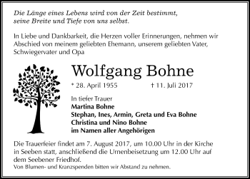 Traueranzeige von Wolfgang Bohne von Mitteldeutsche Zeitung Halle/Saalkreis