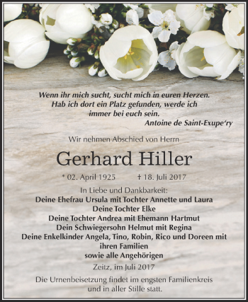 Traueranzeige von Gerhard Hiller von WOCHENSPIEGEL ZEITZ
