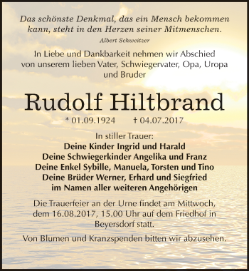 Traueranzeige von Rudolf Hiltbrand von Mitteldeutsche Zeitung Bitterfeld