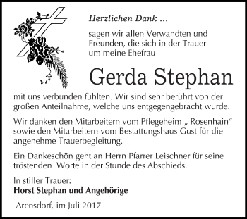 Traueranzeige von Gerda Stephan von WVG - Wochenspiegel Dessau / Köthen