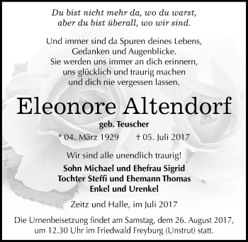 Traueranzeige von Eleonore Altendorf von Mitteldeutsche Zeitung Zeitz
