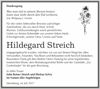 Traueranzeige von Hildegard Streich von WVG - Wochenspiegel Merseburg