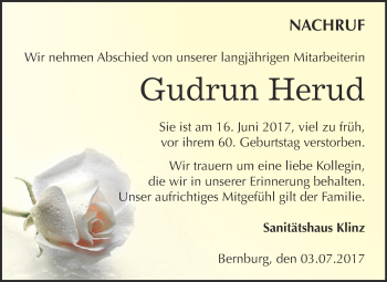 Traueranzeige von Gudrun Herud von Super Sonntag Bernburg