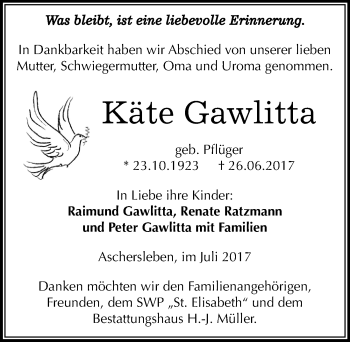 Traueranzeige von Käte Gawlitta von Mitteldeutsche Zeitung Aschersleben