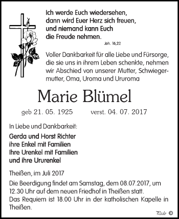 Traueranzeige von Marie Blümel von Super Sonntag Zeitz