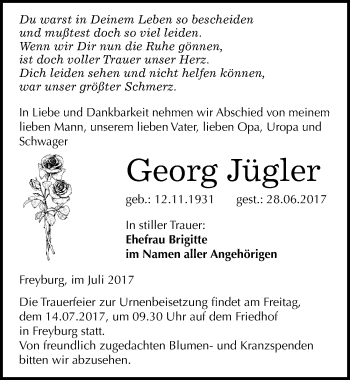 Traueranzeige von Georg Jügler von Mitteldeutsche Zeitung Naumburg/Nebra
