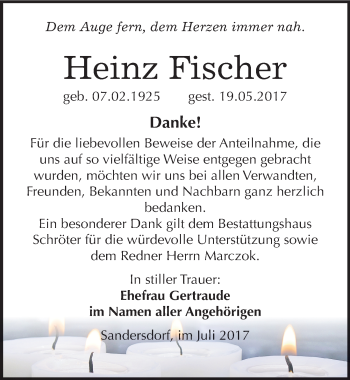 Traueranzeige von Heinz Fischer von Mitteldeutsche Zeitung Bitterfeld