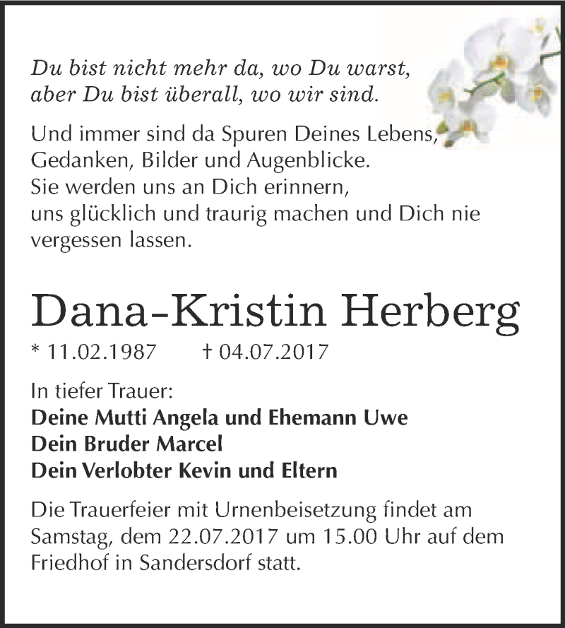  Traueranzeige für Dana-Kristin Herberg vom 19.07.2017 aus WVG - Wochenspiegel Bitterfeld