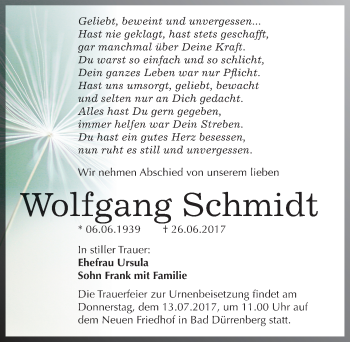 Traueranzeige von Wolfgang Schmidt von Mitteldeutsche Zeitung Merseburg/Querfurt
