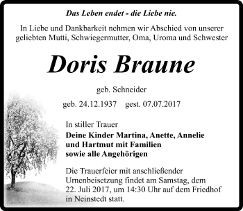 Traueranzeige von Doris Braune von Mitteldeutsche Zeitung Quedlinburg