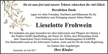 Traueranzeige von Lieselotte Frohwein von Mitteldeutsche Zeitung Quedlinburg
