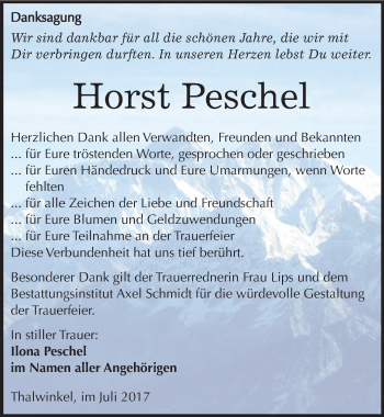 Traueranzeige von Horst Peschel von Mitteldeutsche Zeitung Naumburg/Nebra
