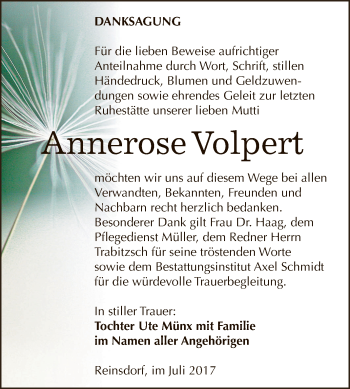 Traueranzeige von Annerose Volpert von WVG - Wochenspiegel NMB / WSF / ZTZ