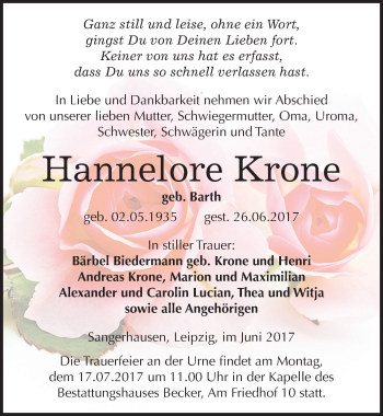 Traueranzeige von Hannelore Krone von Mitteldeutsche Zeitung Sangerhausen