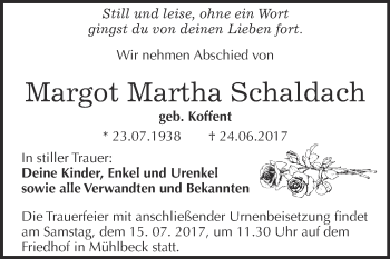 Traueranzeige von Margot Martha Schaldach von WVG - Wochenspiegel Bitterfeld