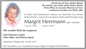 Traueranzeige von Margrit Herrmann von Mitteldeutsche Zeitung Mansfelder Land