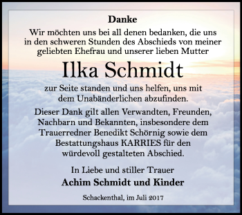 Traueranzeige von Ilka Schmidt von WVG - Wochenspiegel Quedlinburg