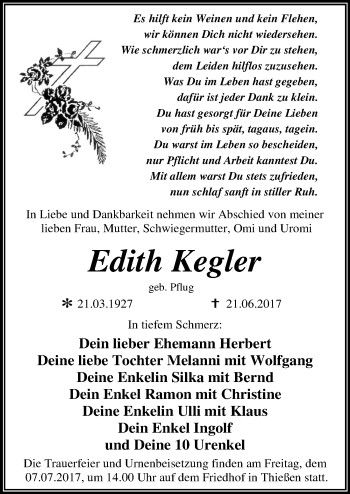 Traueranzeige von Edith Kegler von Mitteldeutsche Zeitung Dessau-Roßlau