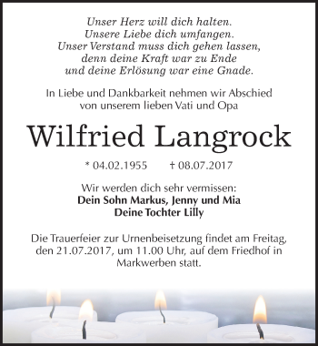 Traueranzeige von Wilfried Langrock von Mitteldeutsche Zeitung Weißenfels