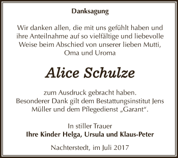Traueranzeige von Alice Schulze von Super Sonntag Aschersleben