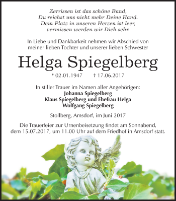 Traueranzeige von Helga Spiegelberg von Mitteldeutsche Zeitung Mansfelder Land