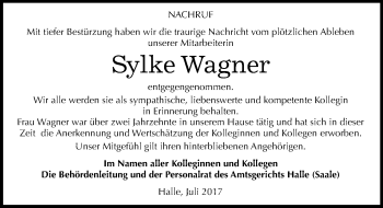 Traueranzeige von Sylke Wagner von Mitteldeutsche Zeitung Halle/Saalkreis