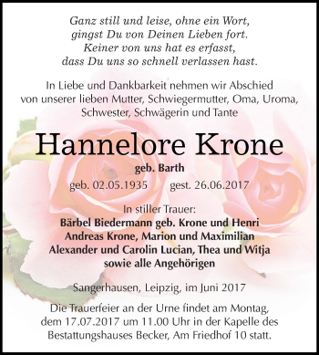 Traueranzeige von Hannelore Krone von Super Sonntag SGH Mansf. Land