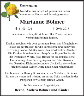Traueranzeige von Marianne Böhner von Mitteldeutsche Zeitung Dessau-Roßlau