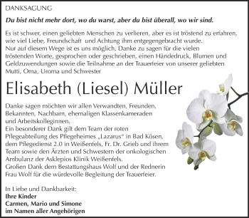 Traueranzeige von Elisabeth Müller von WVG - Wochenspiegel NMB / WSF / ZTZ
