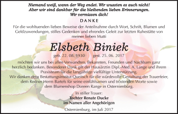 Traueranzeige von Elsbeth Biniek von Mitteldeutsche Zeitung Köthen