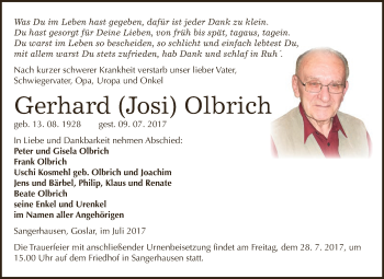 Traueranzeige von Gerhard Olbrich von Super Sonntag SGH Mansf. Land