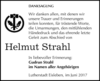 Traueranzeige von Helmut Strahl von Mitteldeutsche Zeitung Mansfelder Land