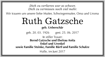 Traueranzeige von Ruth Gatzsche von Mitteldeutsche Zeitung Halle/Saalkreis