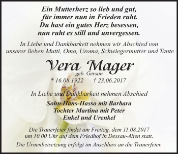 Traueranzeige von Vera Mager von Mitteldeutsche Zeitung Dessau-Roßlau