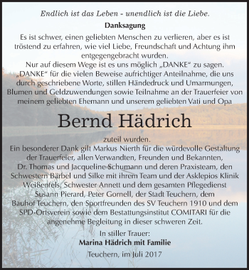 Traueranzeige von Bernd Hädrich von Mitteldeutsche Zeitung Weißenfels