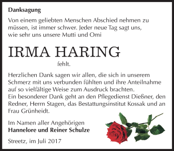 Traueranzeige von Irma Haring von Mitteldeutsche Zeitung Dessau-Roßlau