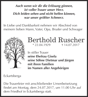 Traueranzeige von Berthold Ruscher von WVG - Wochenspiegel NMB / WSF / ZTZ