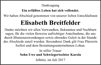 Traueranzeige von Elisabeth Breitfelder von Mitteldeutsche Zeitung Bitterfeld