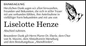 Traueranzeige von Liselotte Henze von Mitteldeutsche Zeitung Merseburg/Querfurt