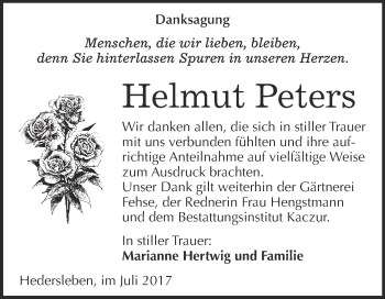 Traueranzeige von Helmut Peters von WVG - Wochenspiegel Quedlinburg