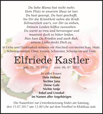 Traueranzeige von Elfriede Kastler von WVG - Wochenspiegel Merseburg