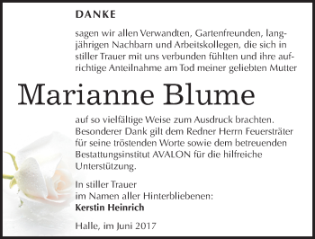 Traueranzeige von Marianne Blume von Mitteldeutsche Zeitung Halle/Saalkreis