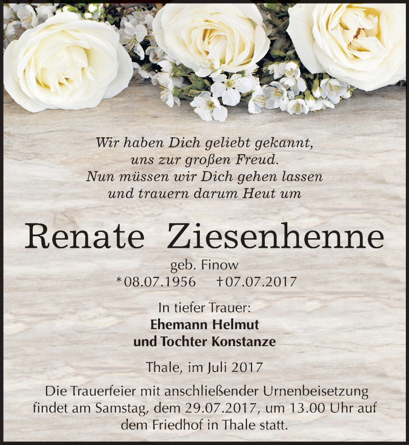  Traueranzeige für Renate Ziesenhenne vom 15.07.2017 aus Mitteldeutsche Zeitung Quedlinburg