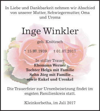 Traueranzeige von Inge Winkler von WVG - Wochenspiegel NMB / WSF / ZTZ