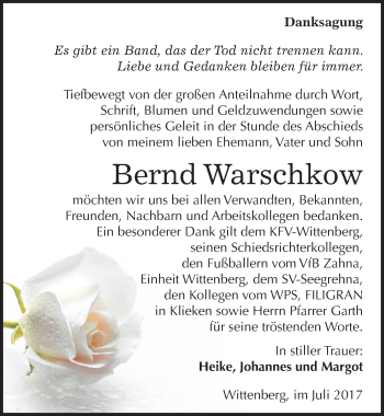 Traueranzeige von Bernd Warschkow von Mitteldeutsche Zeitung Wittenberg