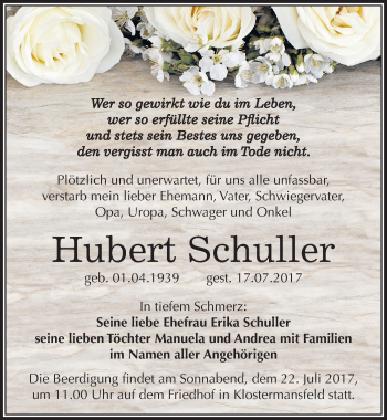 Traueranzeige von Hubert Schuller von Mitteldeutsche Zeitung Mansfelder Land