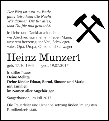 Traueranzeige von Heinz Munzert von Super Sonntag SGH Mansf. Land