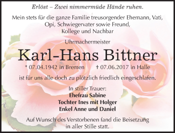 Traueranzeige von Karl-Hans Bittner von Mitteldeutsche Zeitung Halle/Saalkreis