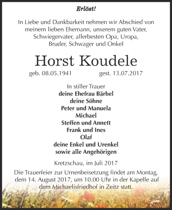 Traueranzeige von Horst Koudele von Super Sonntag Zeitz