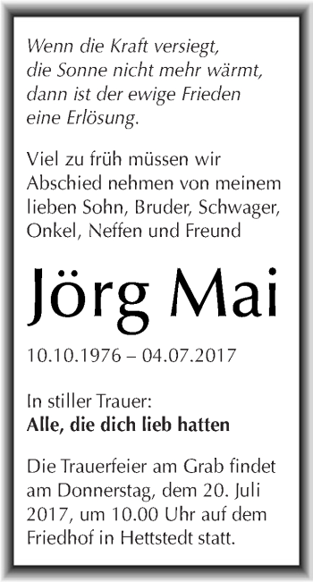 Traueranzeige von Jörg Mai von Wochenspiegel Mansfelder Land